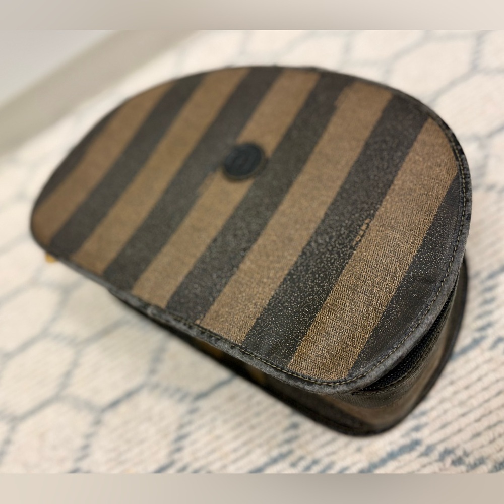 FENDI Vintage Pequin Stripe Brown Black Coated Canvas Vanity Case Cosmetic Bag - Picture 4 of 16